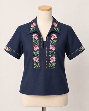 Lily Women's Vintage 60s Floral Embroidered Blouse Button Front Black Size 36 M